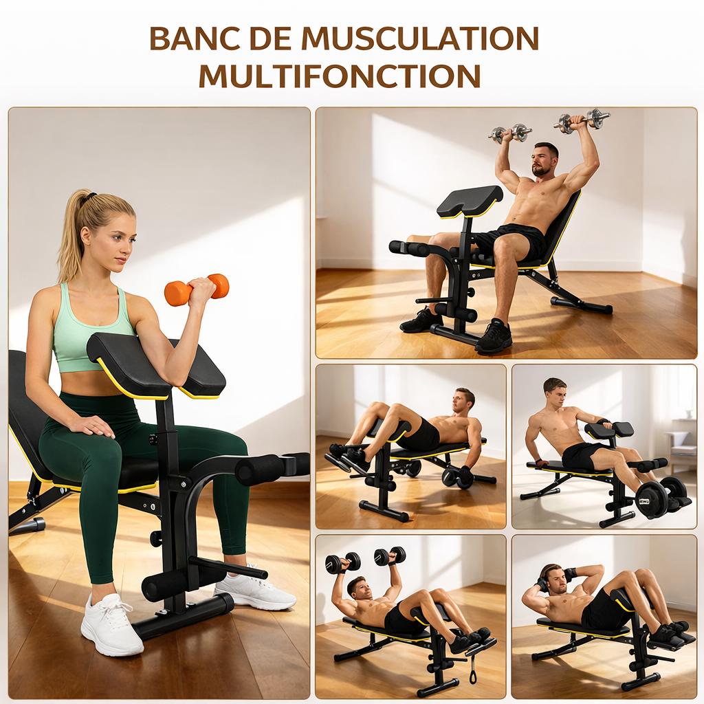 Banc de Musculation Multifonction avec Pupitre Biceps – Banc Réglable 5 Positions pour Entraînement Complet