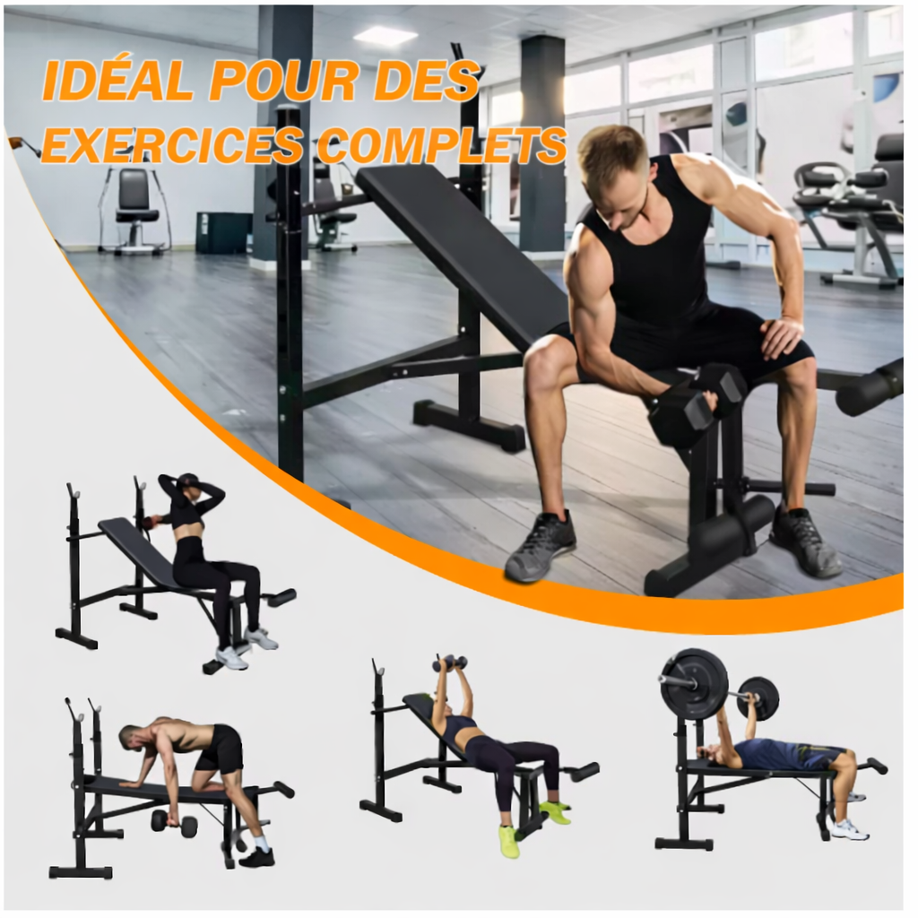 Banc de musculation réglable pliable avec support barre – structure acier – noir
