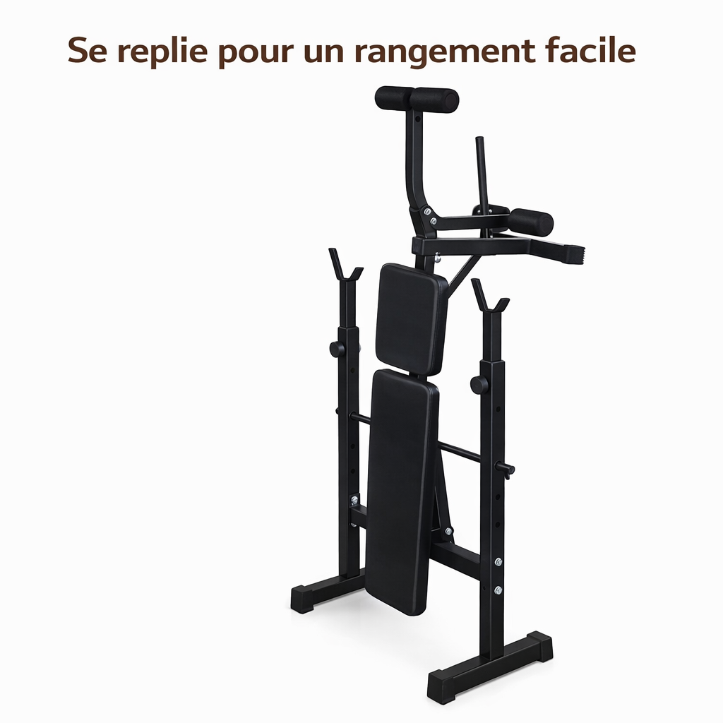 Banc de musculation réglable pliable avec support barre – structure acier – noir