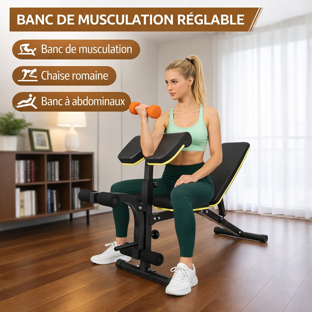 Banc de Musculation Multifonction avec Pupitre Biceps – Banc Réglable 5 Positions pour Entraînement Complet