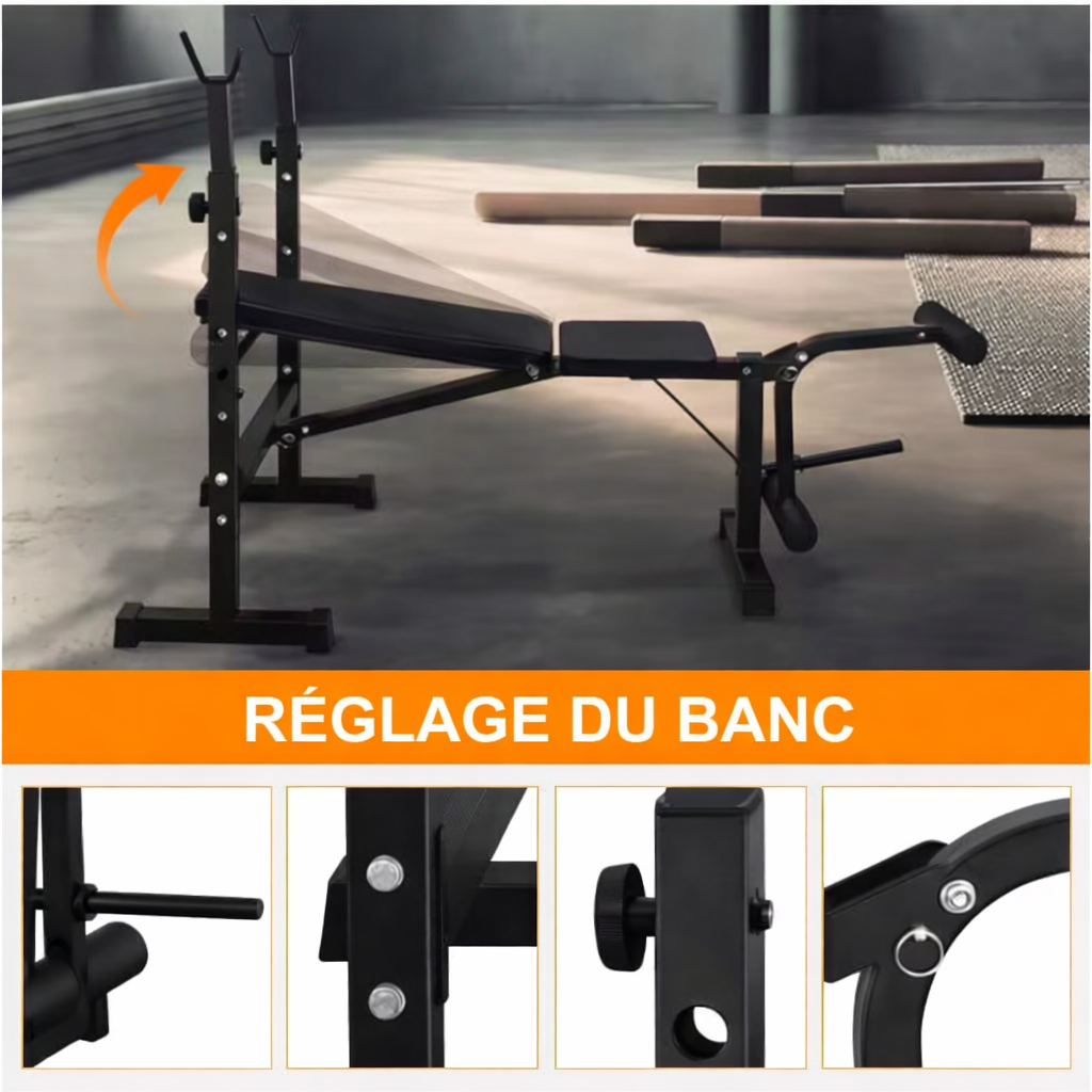 Banc de musculation réglable pliable avec support barre – structure acier – noir