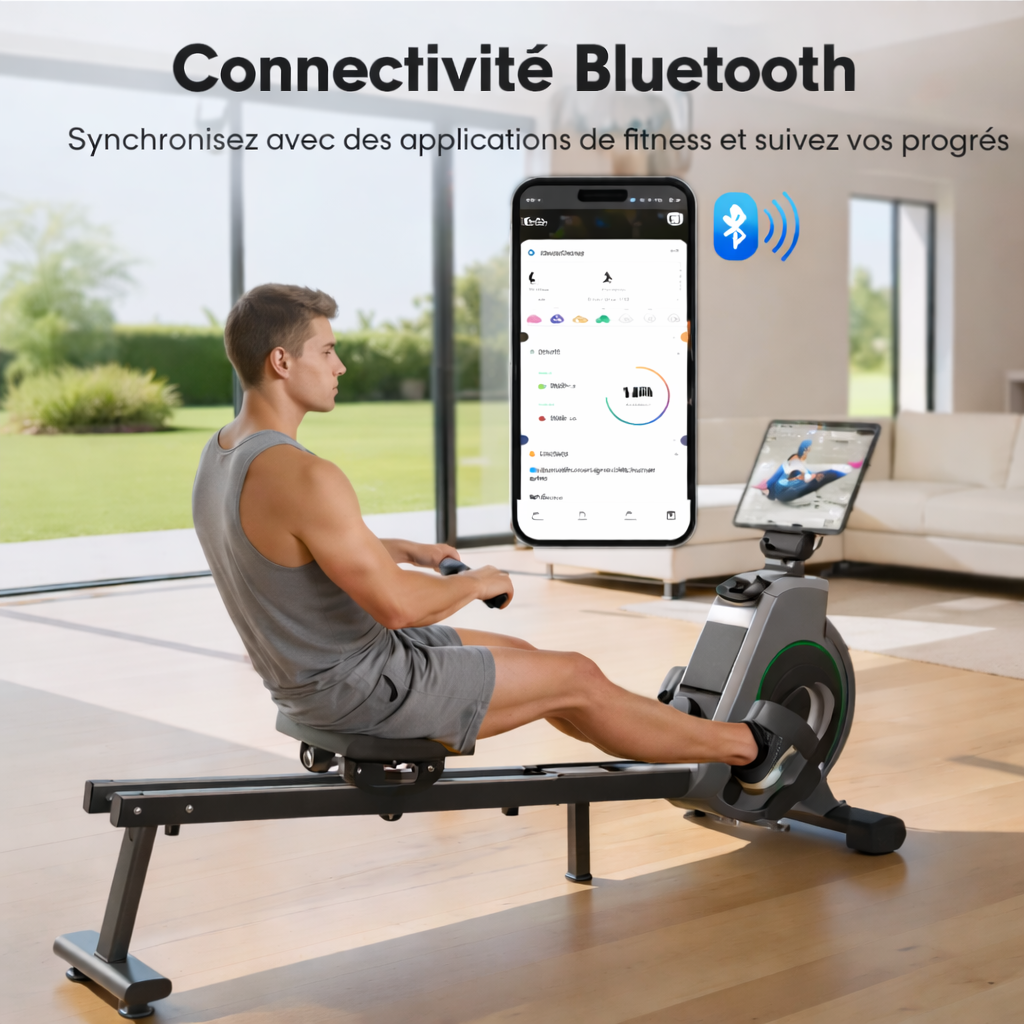 Rameur magnétique bluetooth – 16 niveaux de résistance – noir et gris