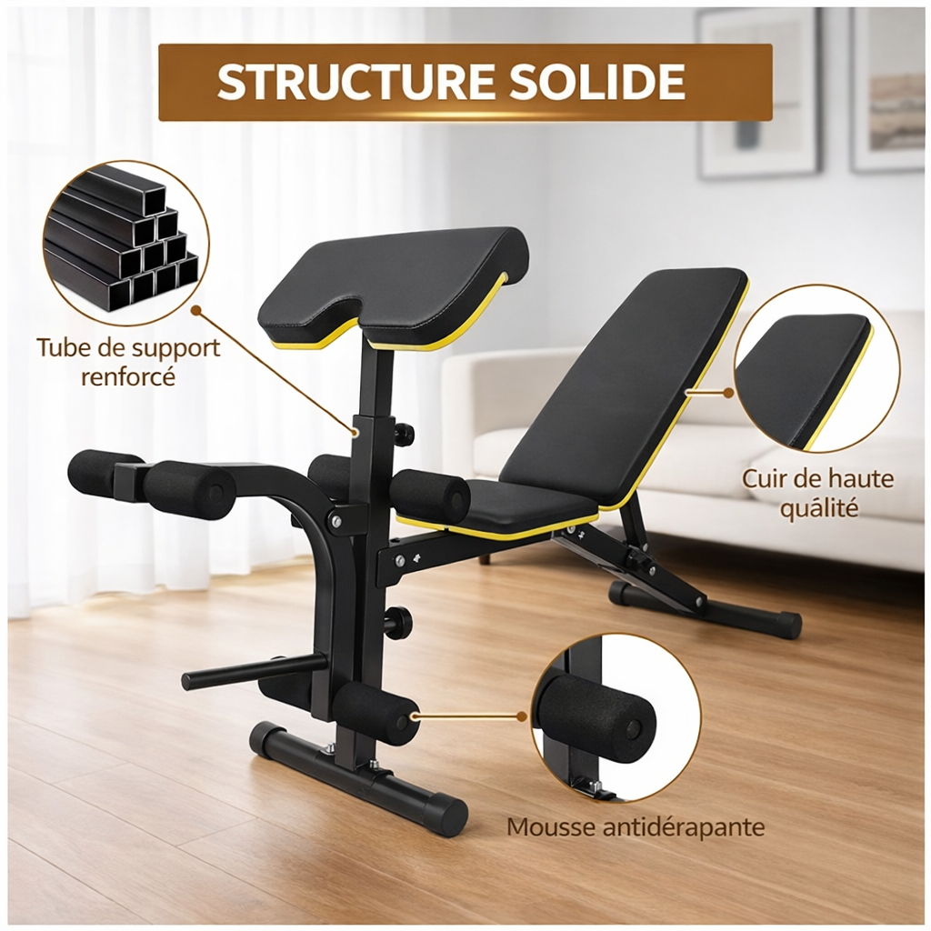 Banc de Musculation Multifonction avec Pupitre Biceps – Banc Réglable 5 Positions pour Entraînement Complet