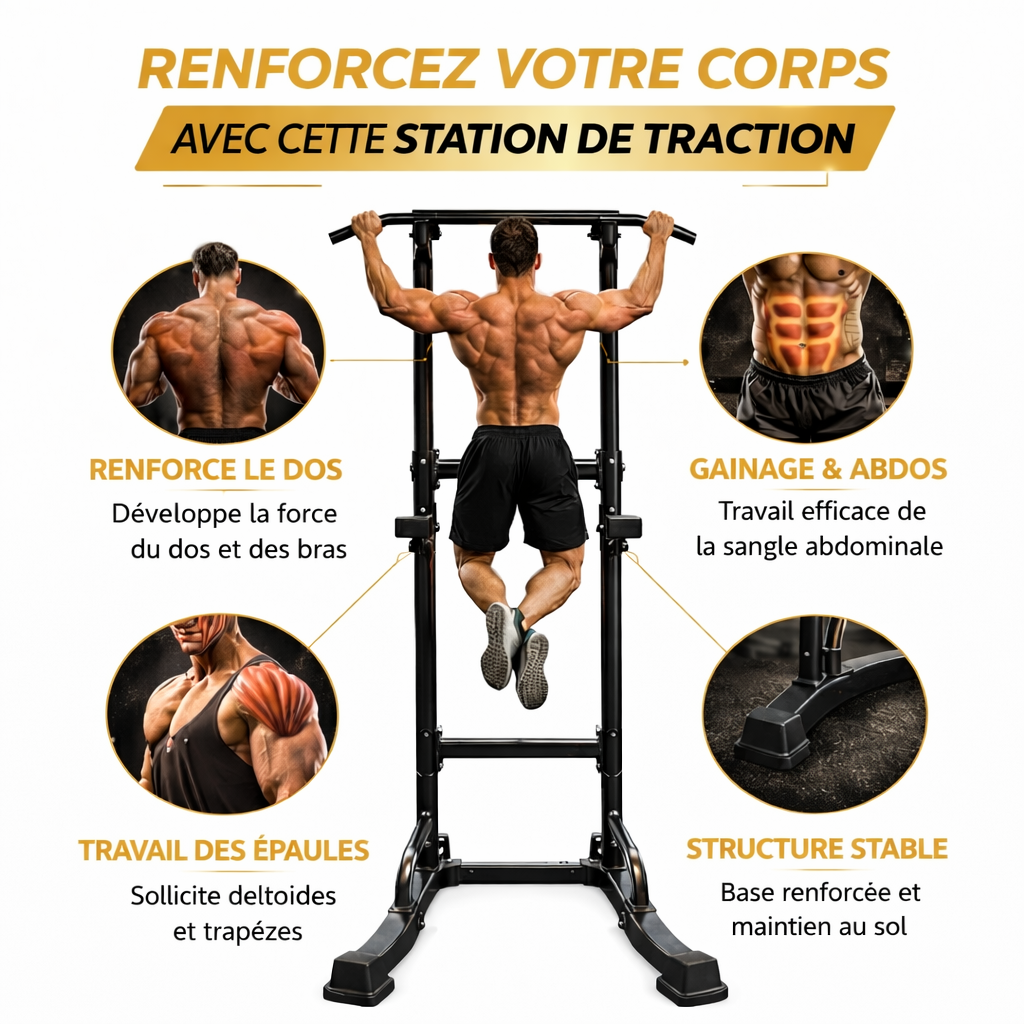 Station de Traction Multifonction Réglable – Tour de Musculation Dips & Abdos pour Entraînement à Domicile