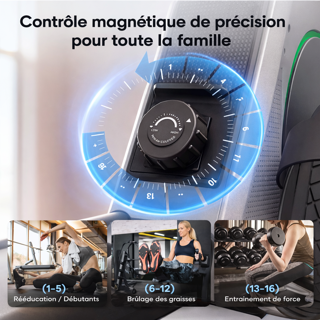 Rameur magnétique bluetooth – 16 niveaux de résistance – noir et gris